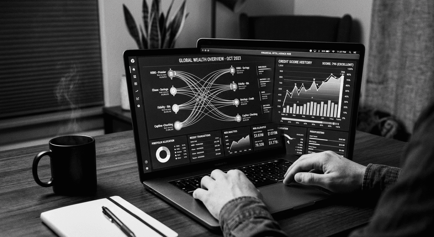 High-contrast black and white photograph of a laptop screen displaying an abstract financial data interface with flowing bank-account connection lines and credit score graphs