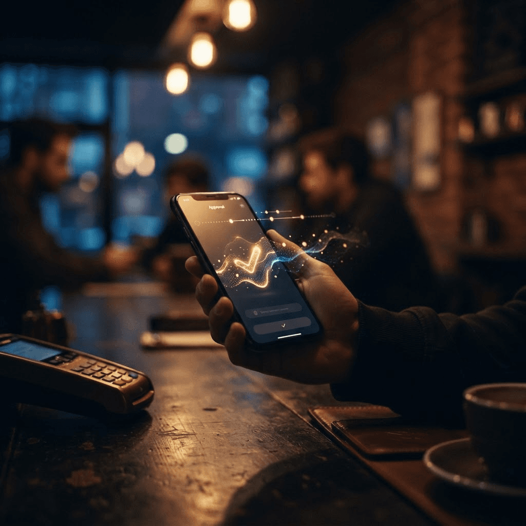 Moody cinematic photograph of a smartphone at a checkout screen glowing with an abstract approval indicator and a subtle timeline of data points