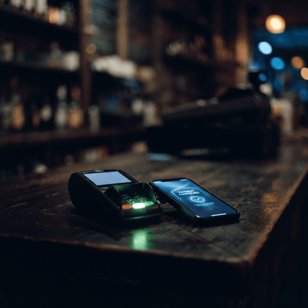 Moody cinematic photograph of a modern point-of-sale card reader and smartphone on a dark countertop with a soft glowing checkout confirmation light