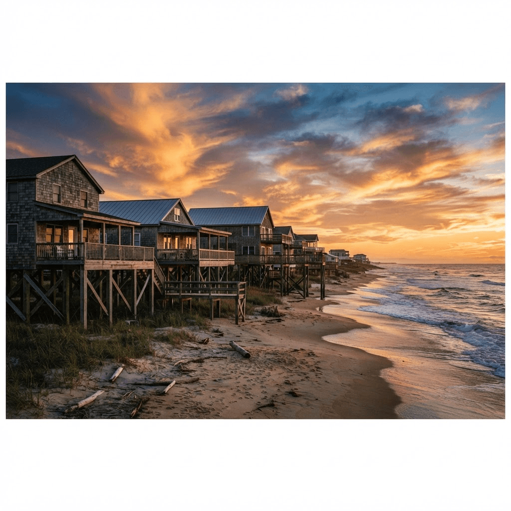 Cinematic color photograph of a row of elevated coastal homes on stilts near the shoreline at golden hour
