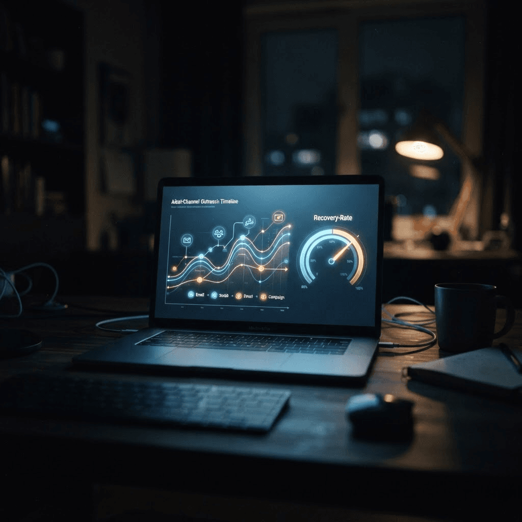 Moody photograph of a dark desk at night with a laptop screen glowing showing an abstract multi-channel outreach timeline and a circular recovery-rate gauge