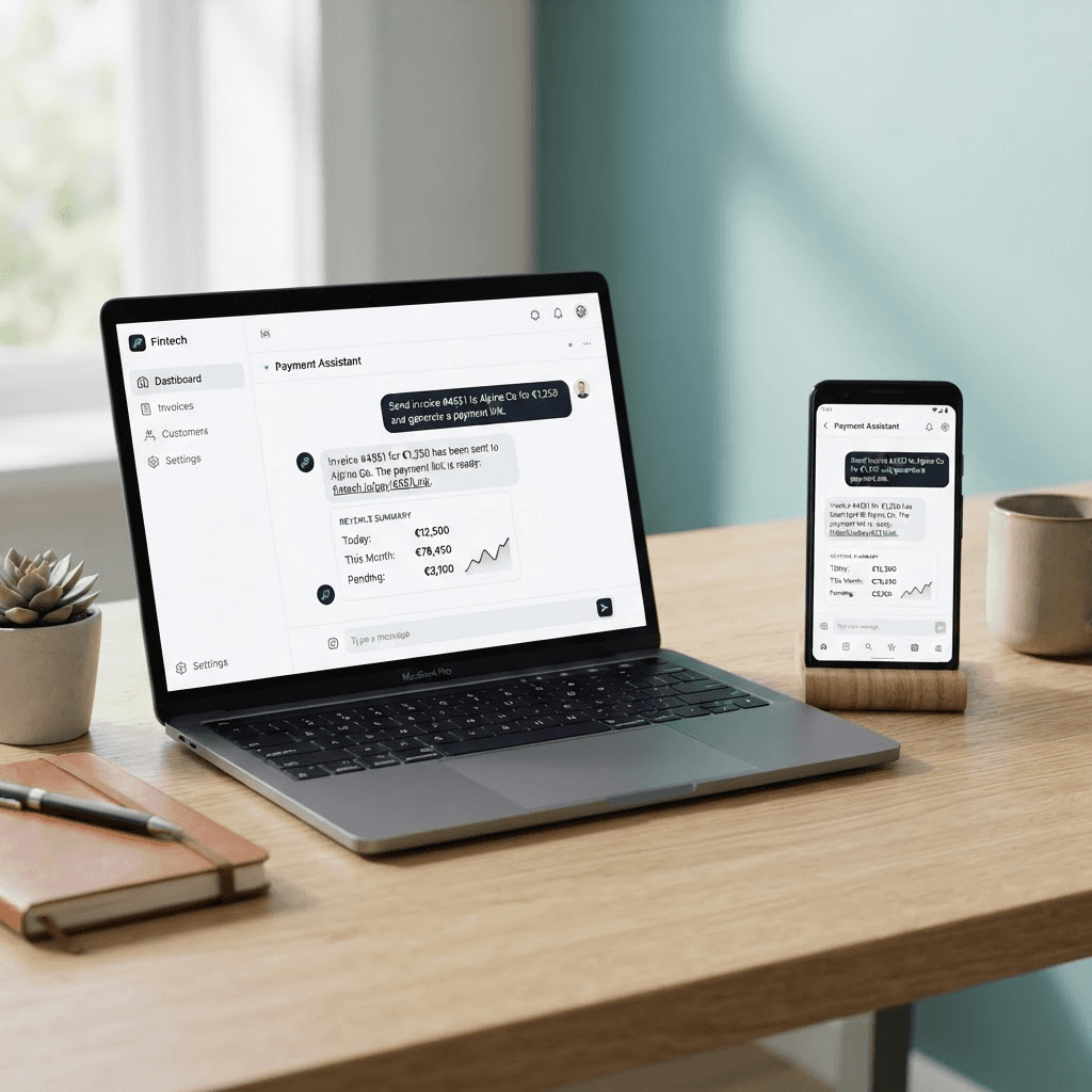 Editorial photograph of a smartphone and laptop showing a conversational payments assistant chat interface