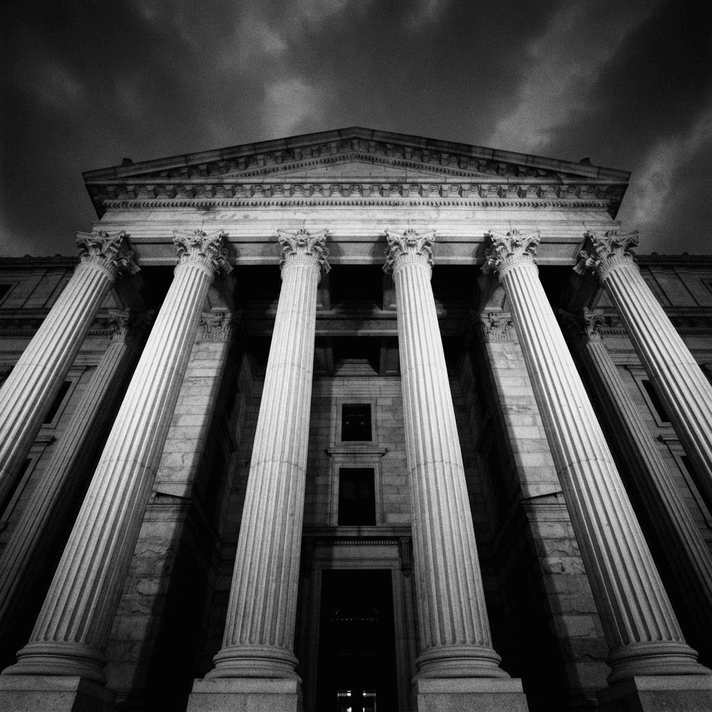 High-contrast black and white photograph looking up at the columned neoclassical stone facade of a federal regulatory building against a dark dusk sky