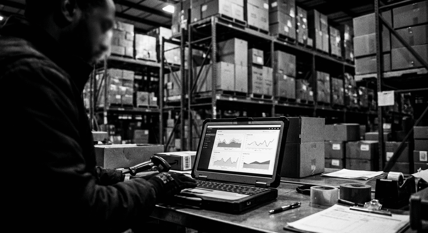 Editorial photograph of a laptop showing finance dashboard charts near stacked warehouse product boxes