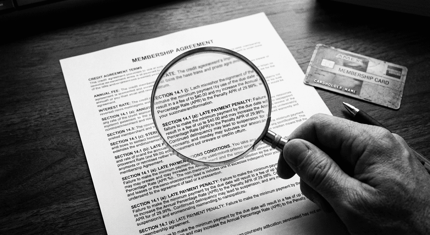 High-contrast black and white photograph of a magnifying glass held over a printed credit membership agreement beside a credit card