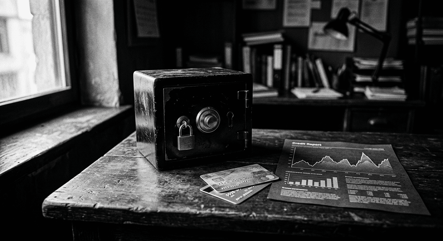 High-contrast black and white photograph of a small locked safe beside two credit cards and a printed credit report