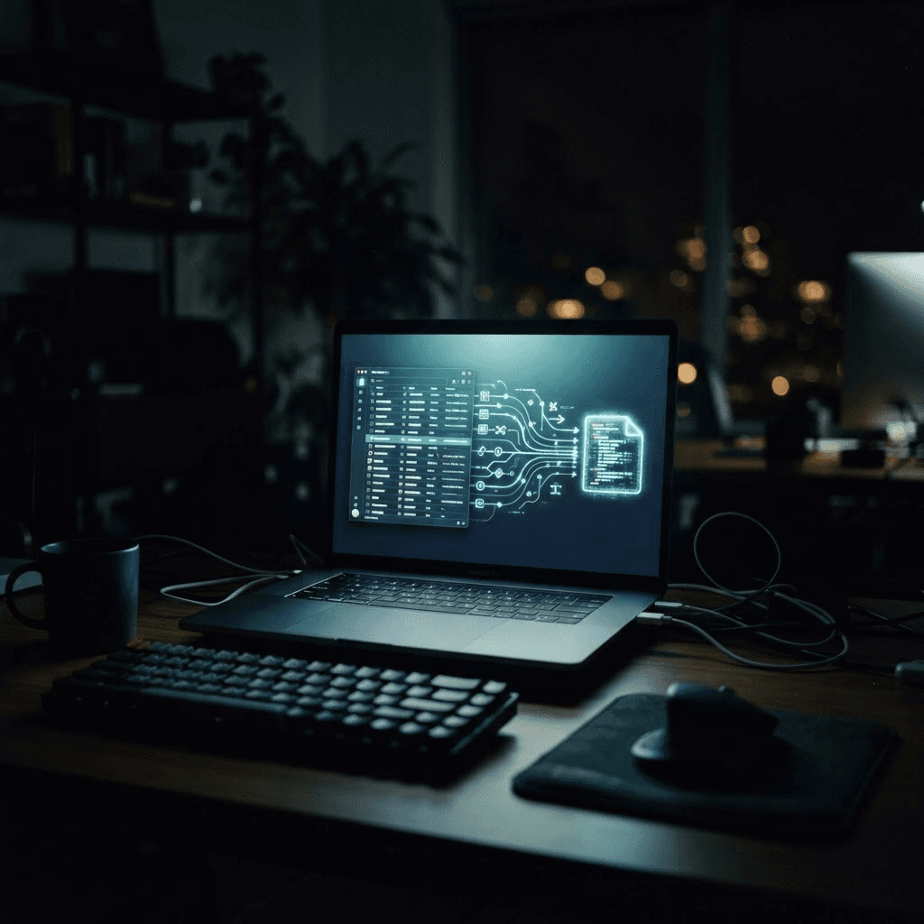 Moody photograph of a dark office desk at night with a laptop screen glowing with an abstract data-conversion pipeline interface flowing into a structured file icon