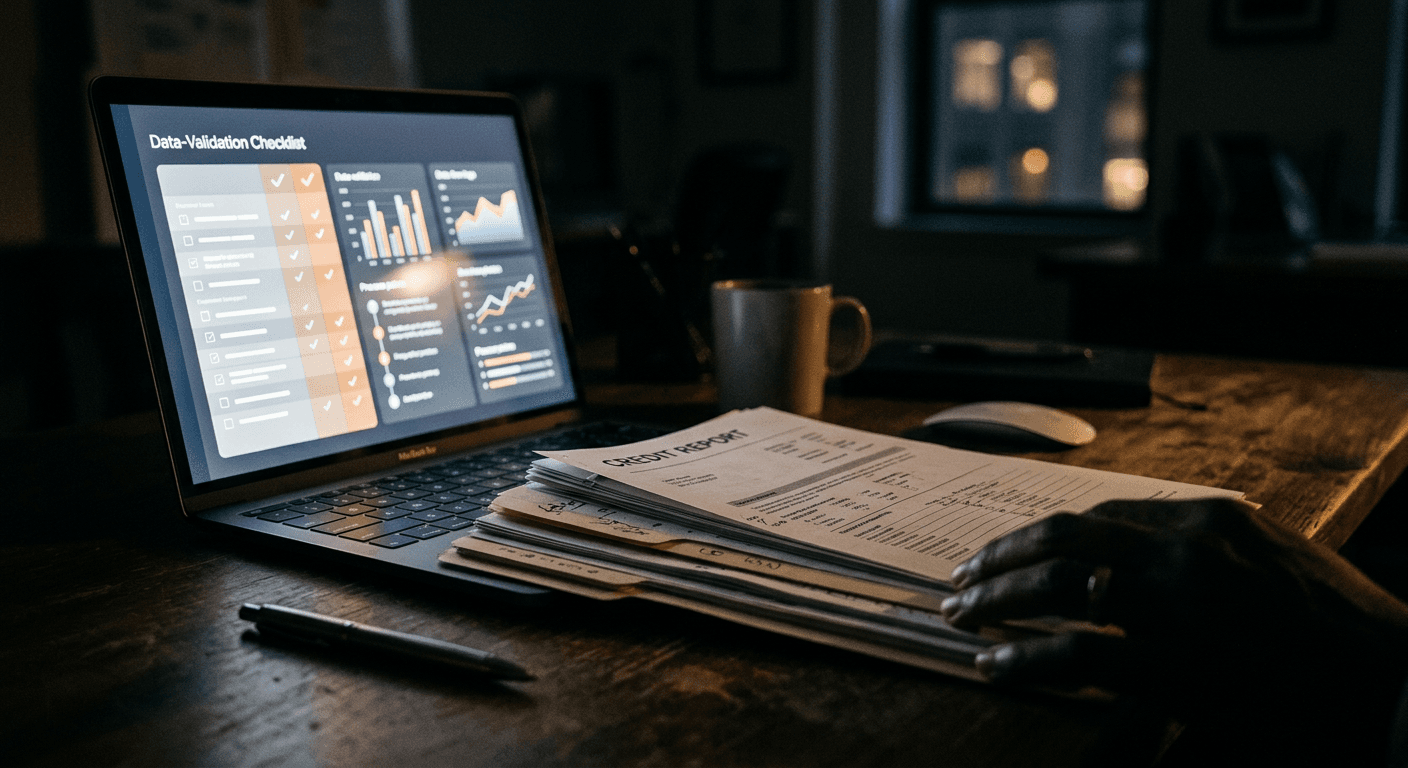 Moody photograph of a dark office desk at night with a stack of paper credit report documents partially illuminated by a laptop screen glowing with an abstract data-validation checklist