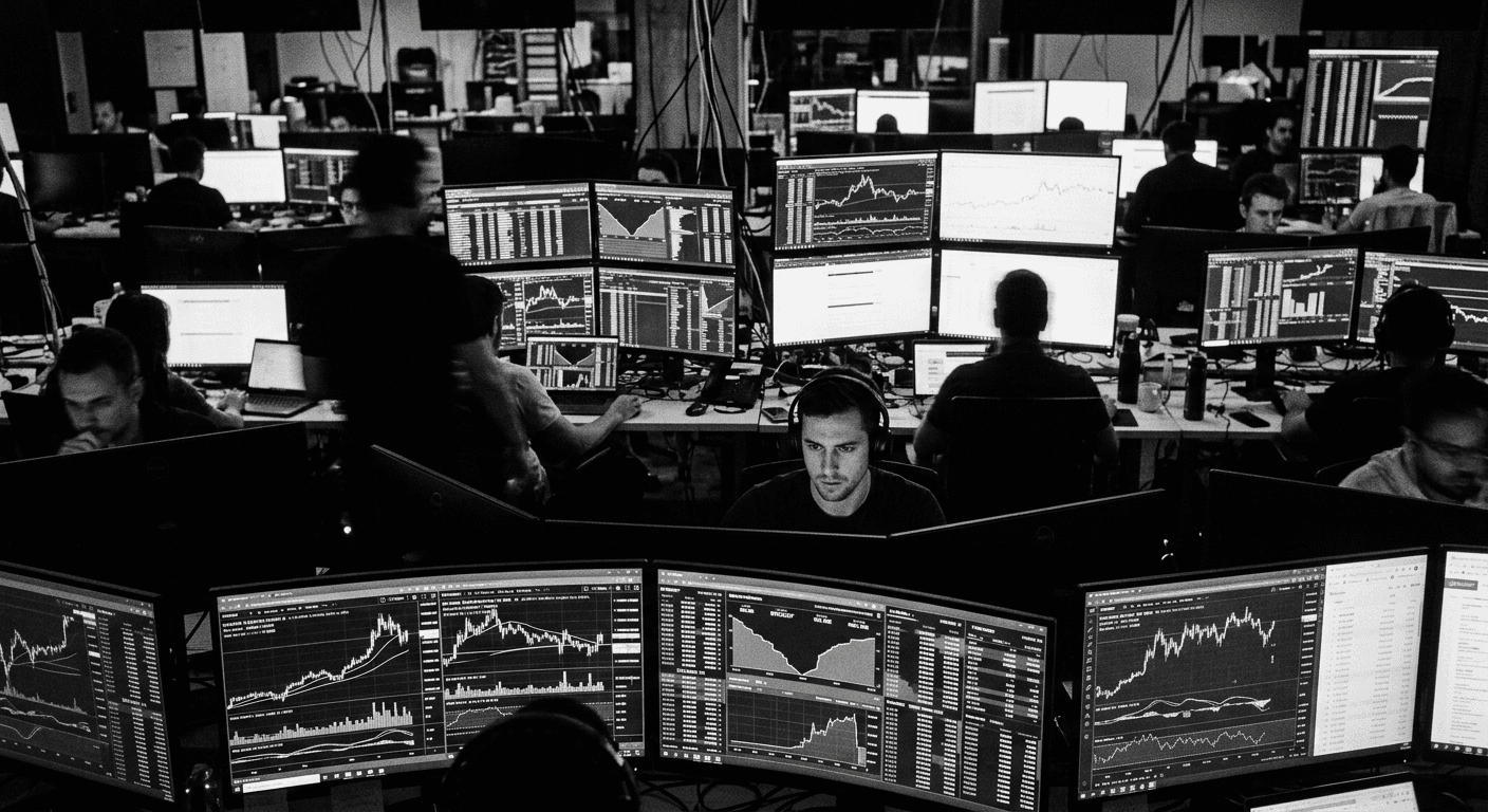High-contrast black and white photograph of multiple trading terminal screens displaying abstract crypto derivatives order books and candlestick charts in a dim trading floor setting