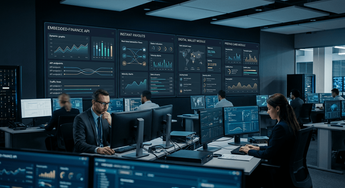 Bank technology operations center with an abstract embedded-finance API dashboard showing payouts, wallets and card modules