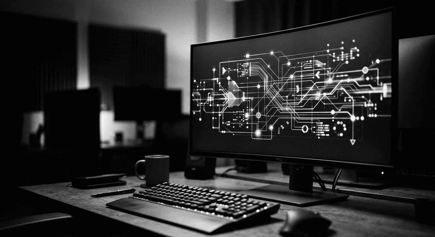 High-contrast black and white photograph of a monitor displaying an abstract enterprise payments dashboard with flowing transaction lines and nodes
