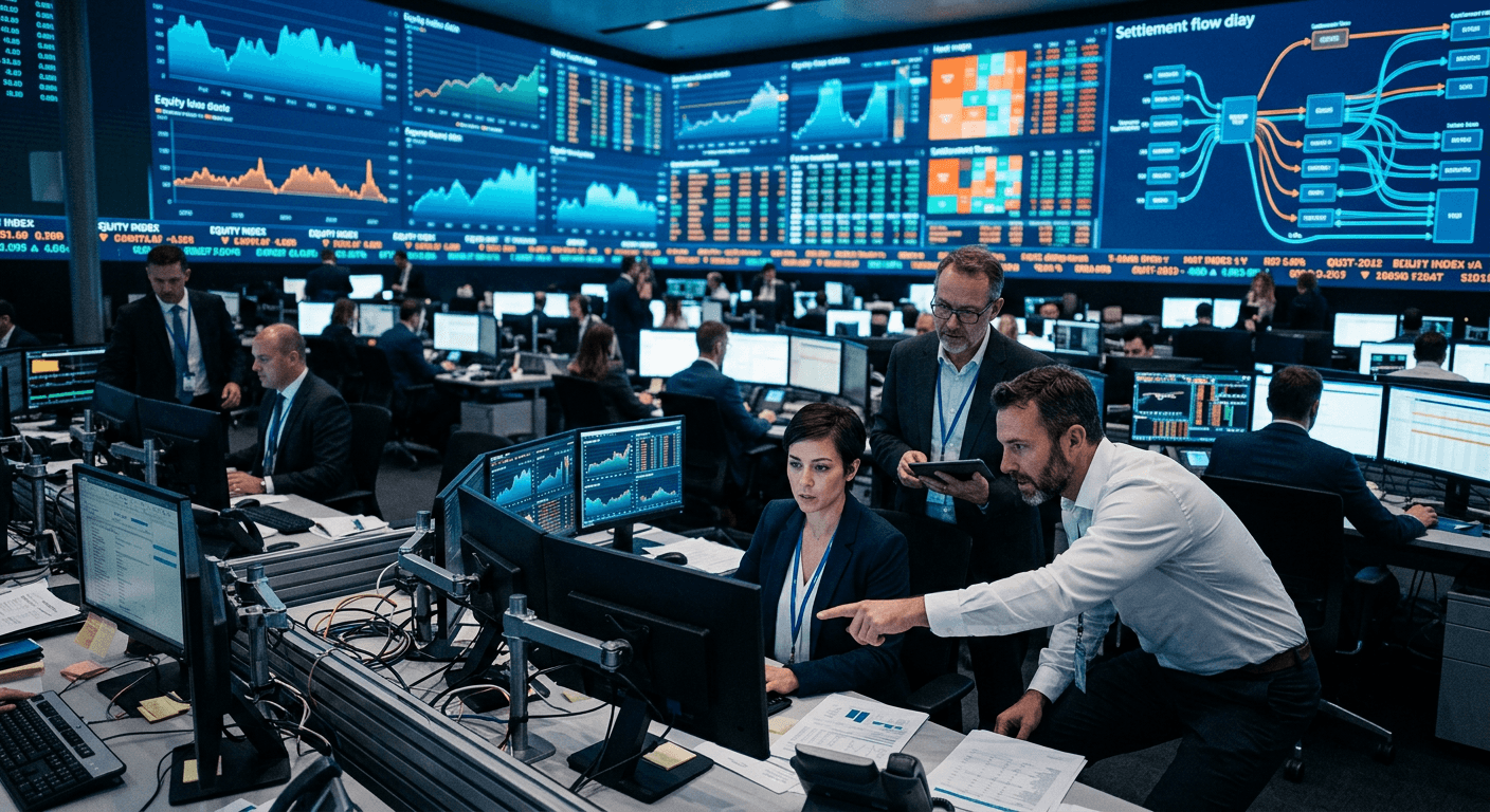 A financial exchange operations floor with screens showing index tickers and settlement flow diagrams.