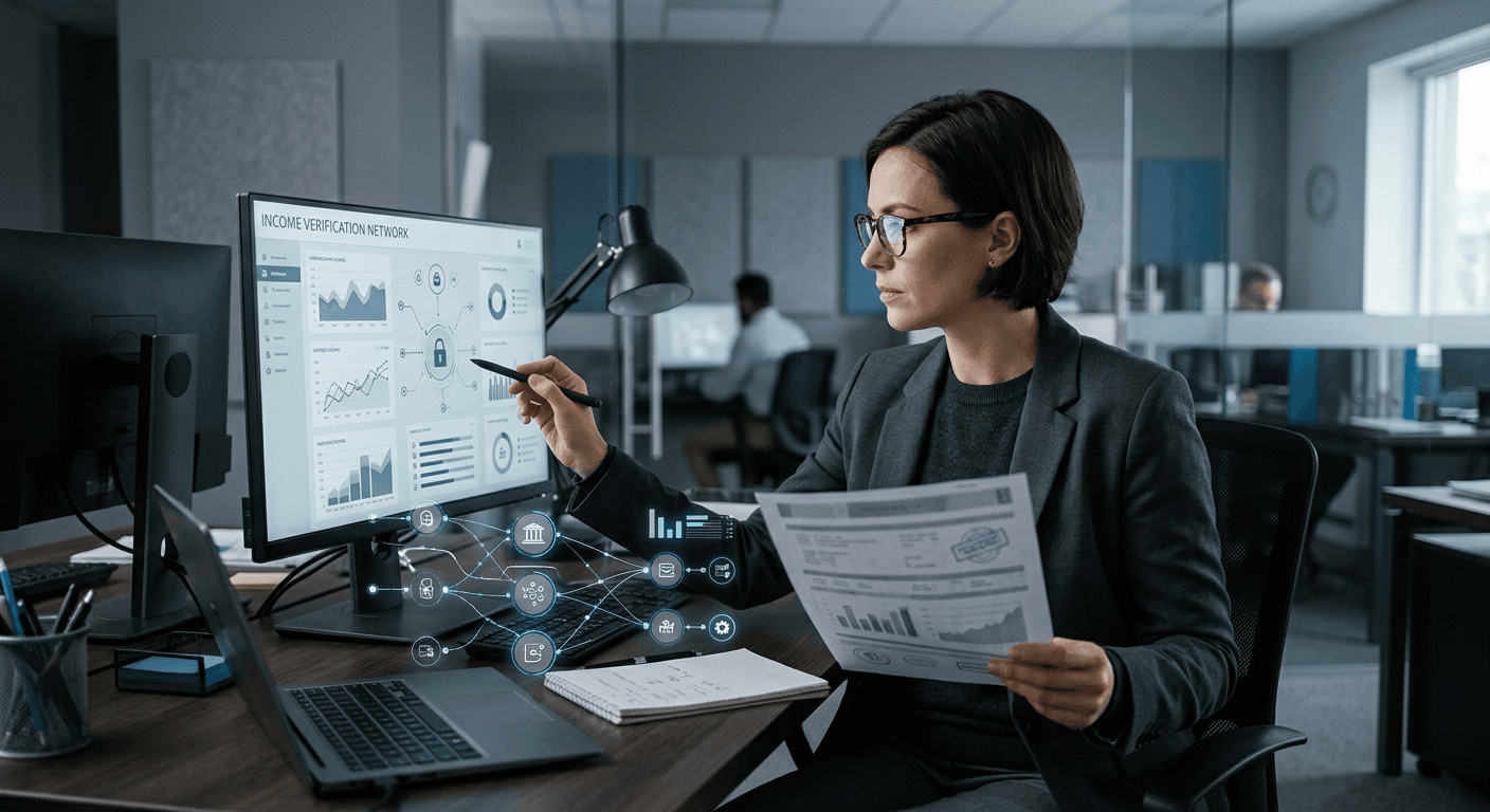 Financial verification analyst reviewing secure income documents beside an abstract linked bank-data network dashboard