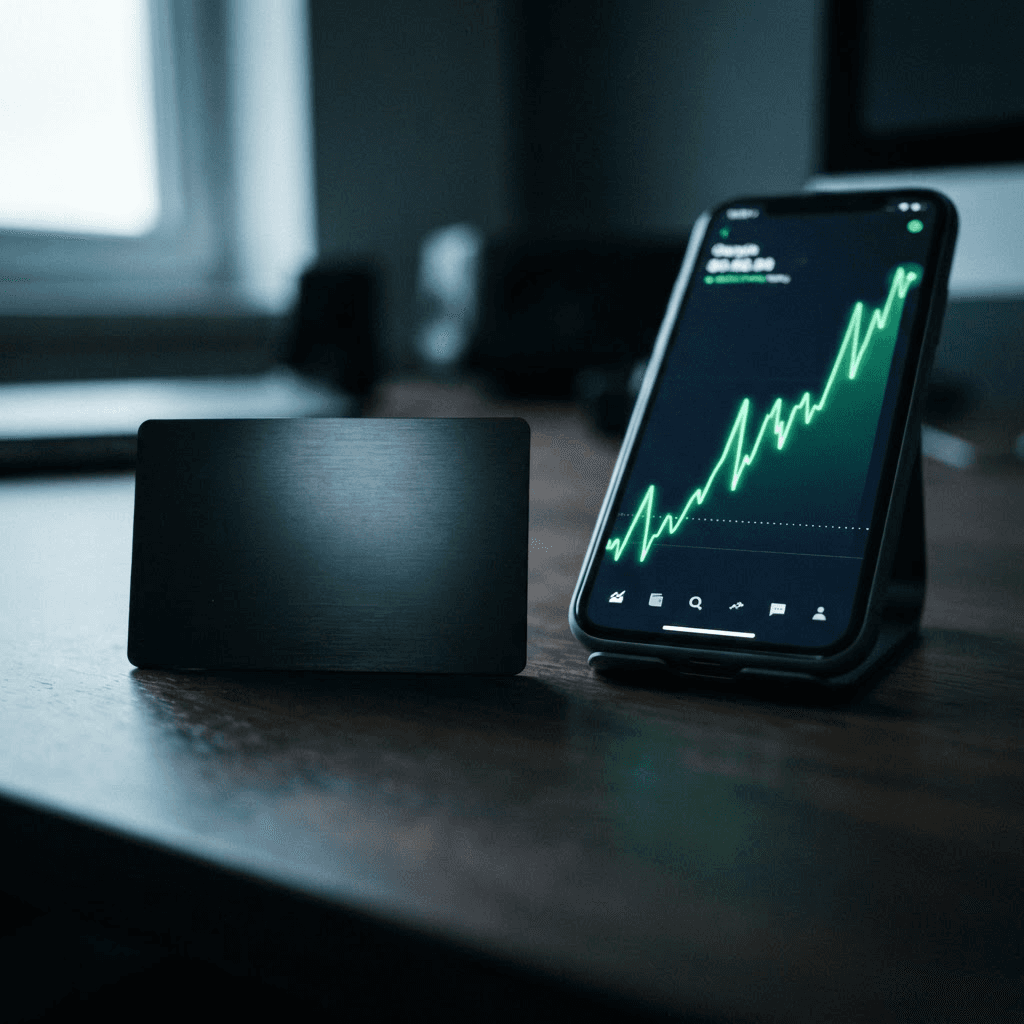 Matte black metal payment card on a dark desk beside a phone displaying a rising chart