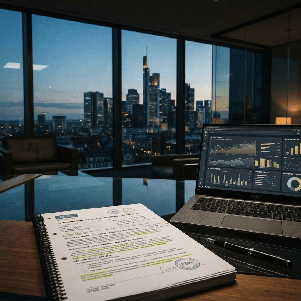 Editorial photograph of a compliance report with regulatory seals on a desk overlooking the Frankfurt skyline at dusk