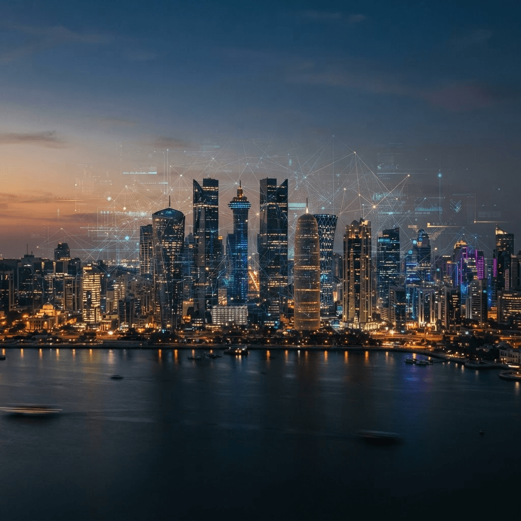 Cinematic color photograph of a modern Gulf city skyline at dusk with glass towers and a faint abstract network of glowing digital connection lines overlaid across the scene