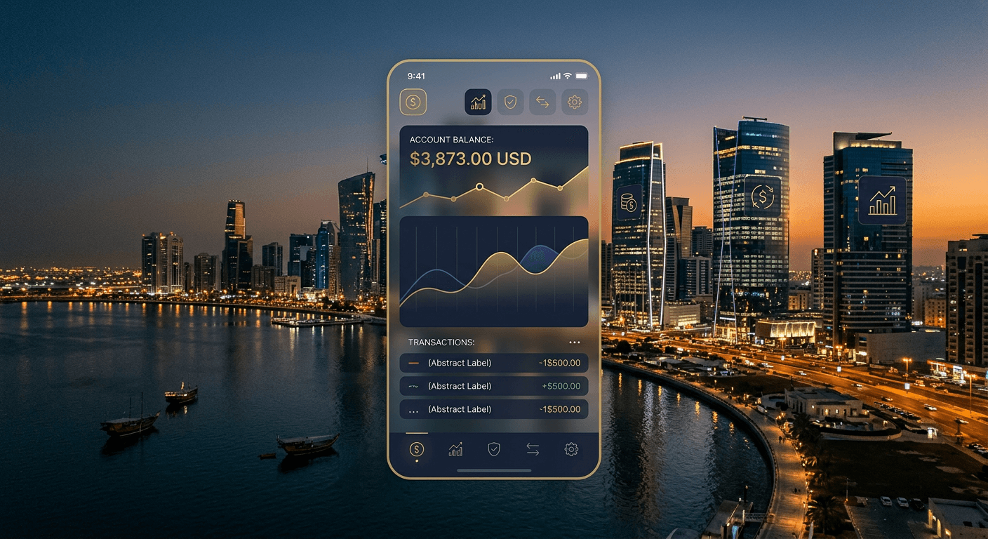 A Gulf city skyline at dusk with glass towers, overlaid with an abstract mobile banking interface.