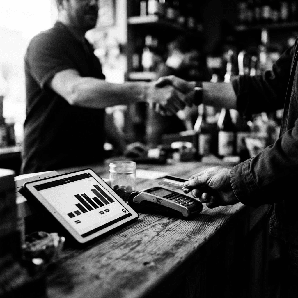 High-contrast black and white photograph of a small retail counter with a tablet showing an abstract payment schedule, a blurred handshake in the background