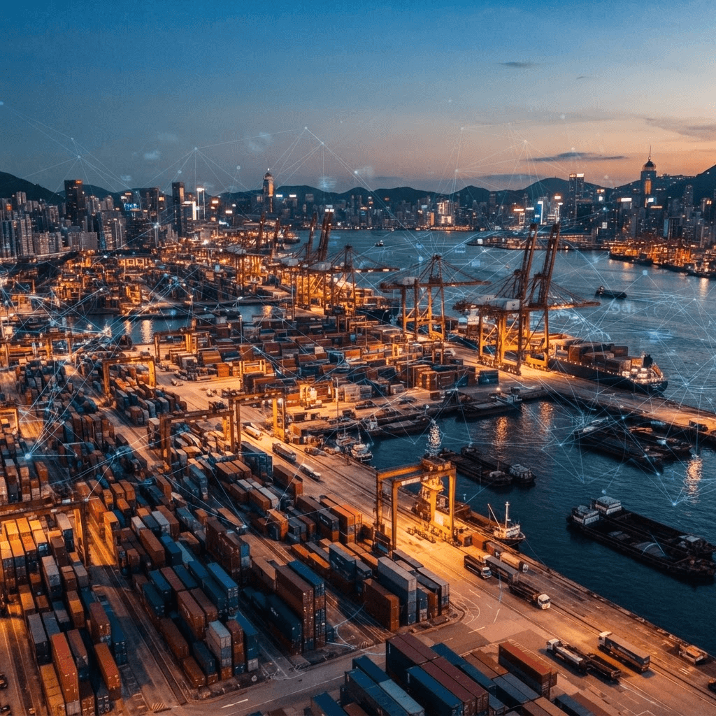 Cinematic color photograph of a Hong Kong container shipping port at dusk with stacked cargo containers, a faint abstract network of glowing digital connection lines overlaid on the scene