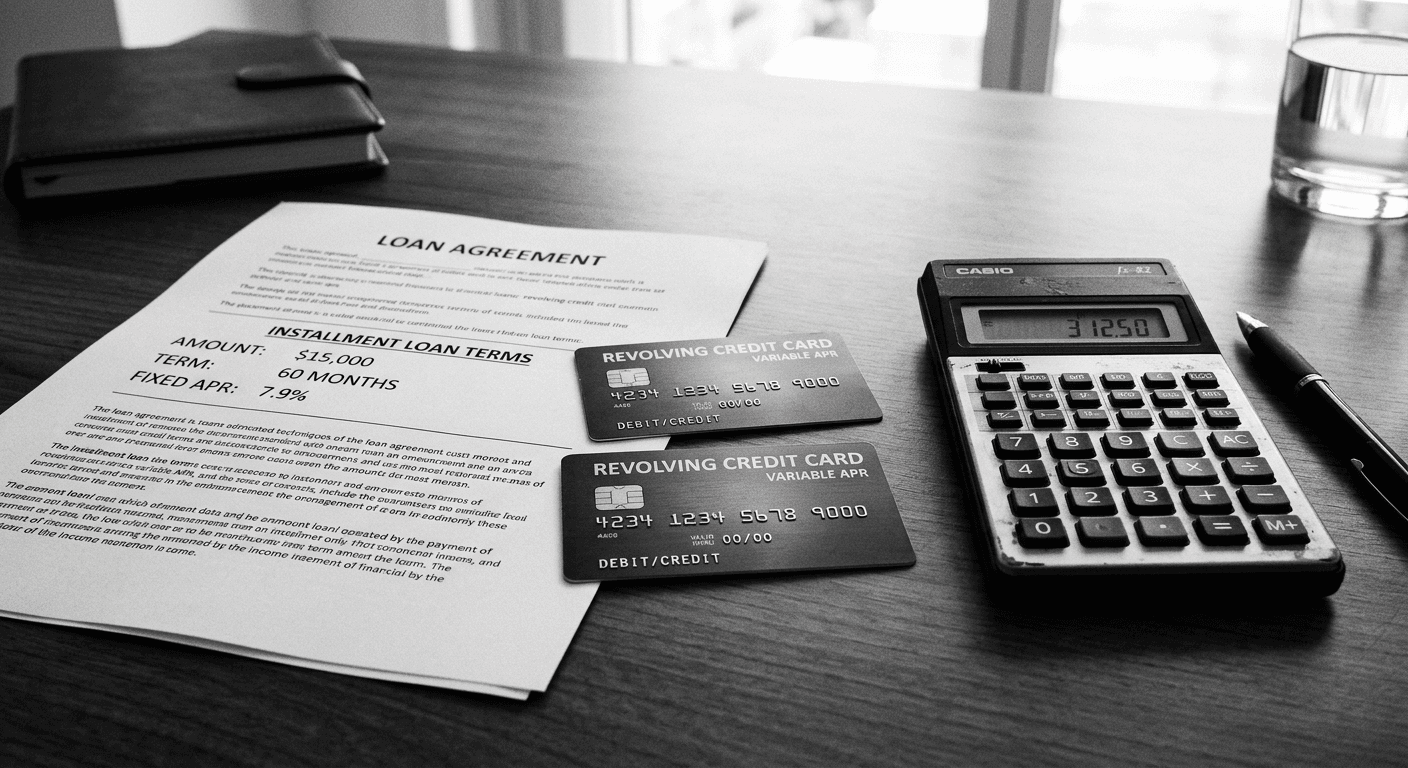 Two credit cards and a loan document with a calculator on a desk, high-contrast monochrome