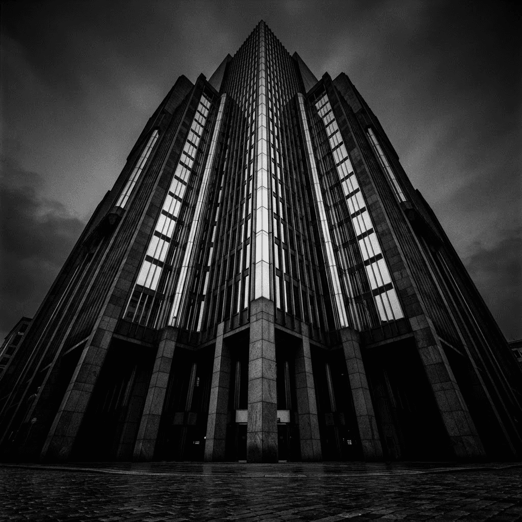 High-contrast black and white photograph of a monumental European bank headquarters facade shot from a dramatic low angle at dusk