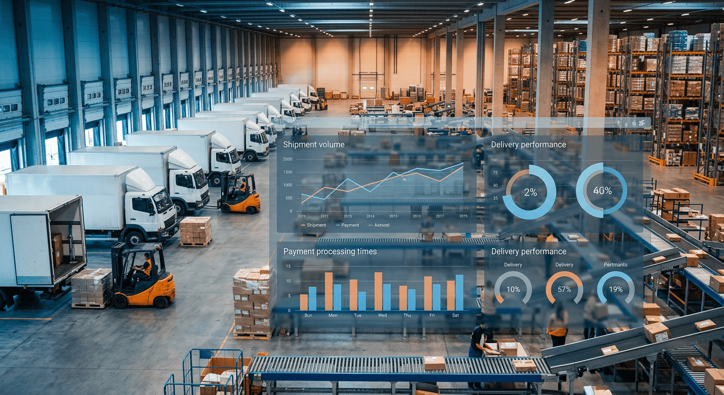 A logistics warehouse with delivery trucks and conveyor belts, overlaid with an abstract payment data dashboard.
