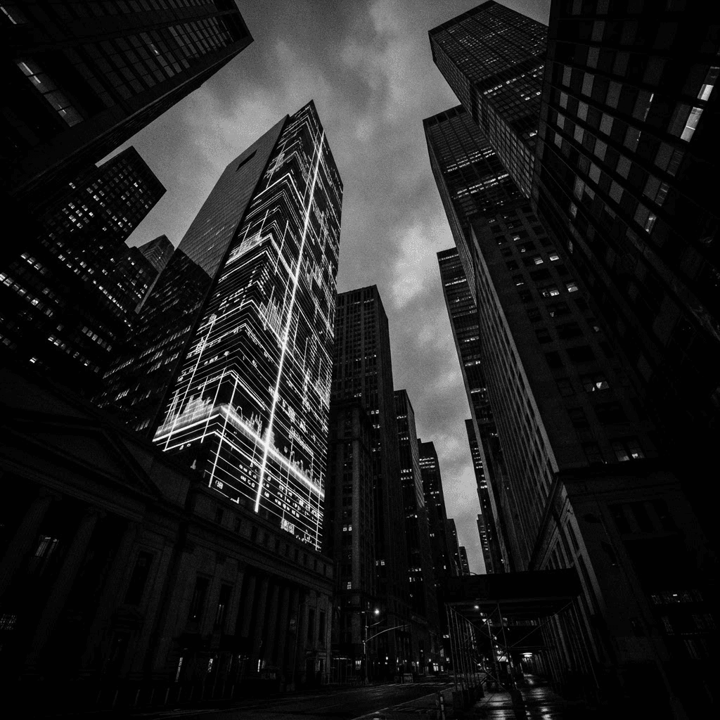 High-contrast black and white photograph of a financial district skyline at dusk with an illuminated data grid pattern on one building facade