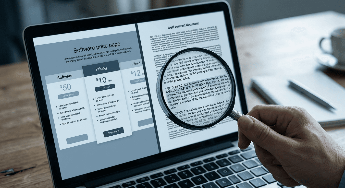 High-contrast black and white photograph of a magnifying glass resting on a printed software contract next to a laptop displaying a pricing page