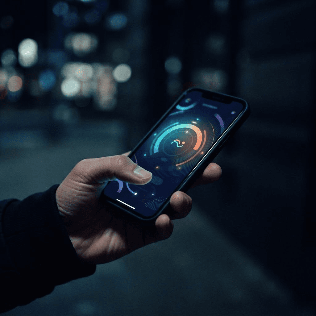 Moody photograph of a smartphone displaying an abstract glowing payments interface with a circular score gauge