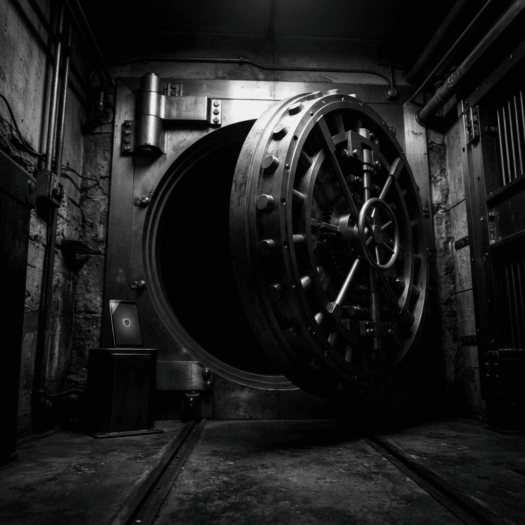 High-contrast black and white photograph of a heavy stainless steel bank vault door slightly ajar, shot from a dramatic low angle with deep shadows