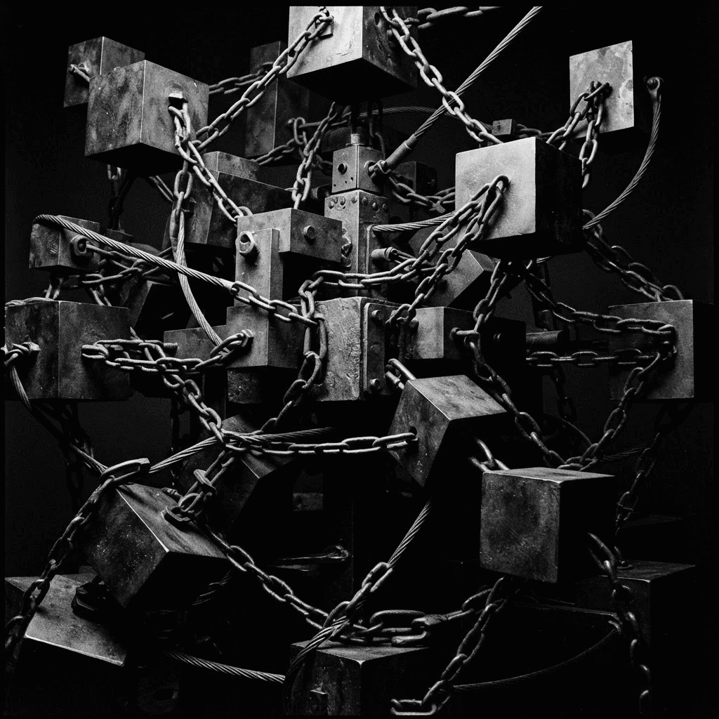 High-contrast black and white photograph of an abstract sculptural composition of interlocking geometric blocks and chains suggesting a secure ledger