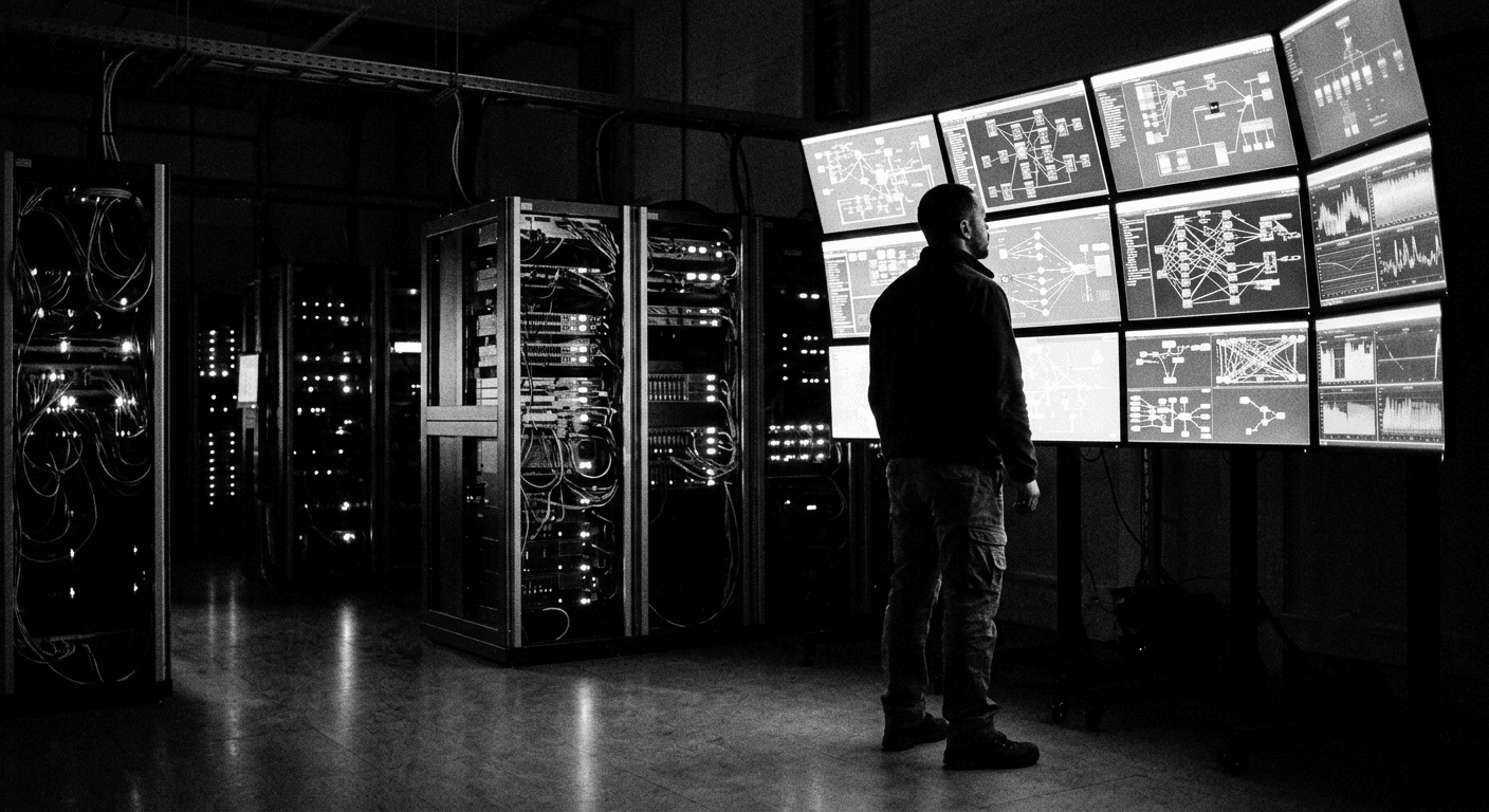 Editorial photograph of a dim server room with a technician silhouette reviewing a wall of monitors