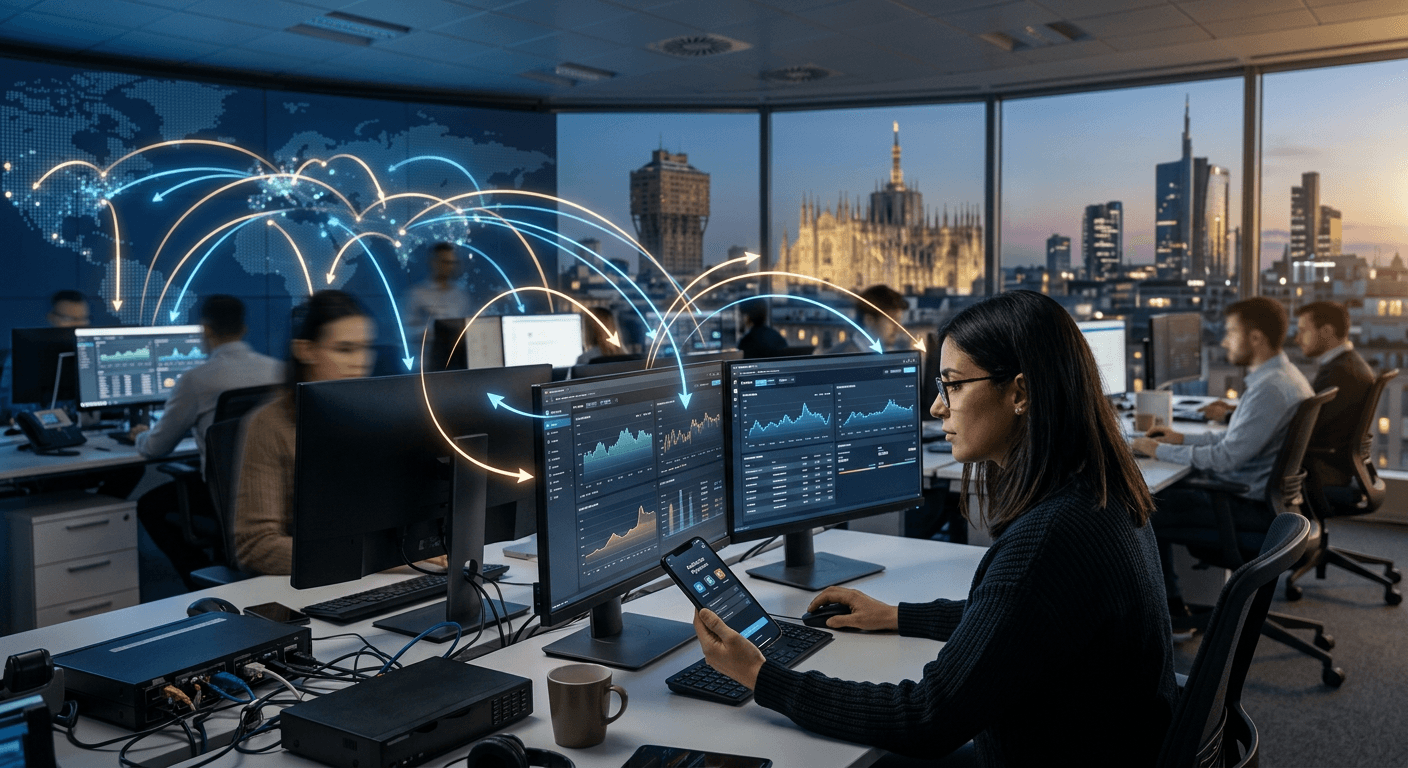 European digital payments operations center with a smartphone pay-by-bank checkout and abstract open-banking transaction flows
