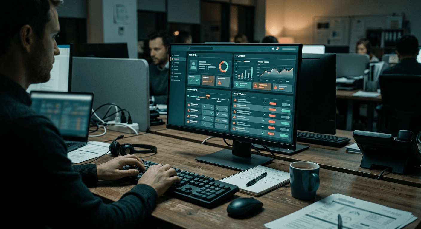 A compliance analyst's desk with a monitor showing an abstract identity verification interface.