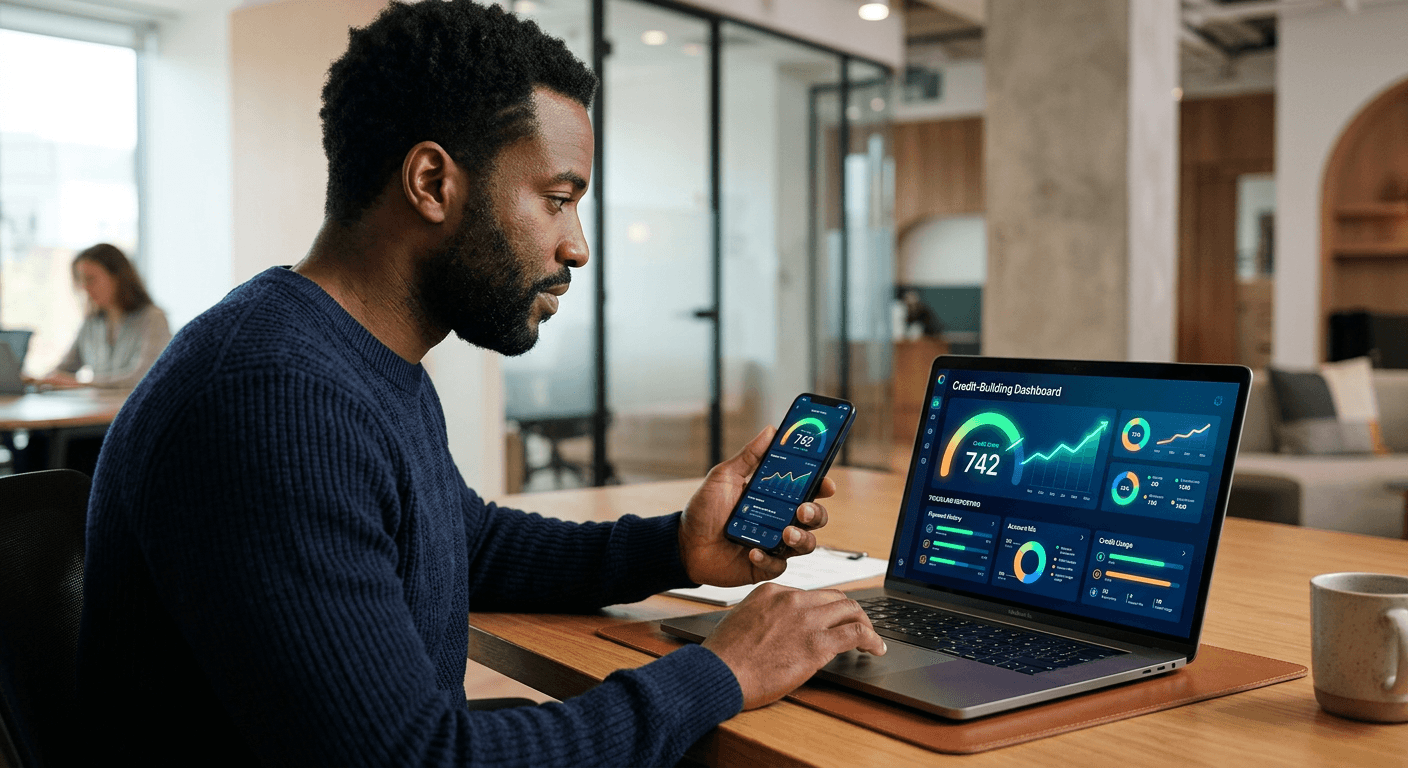 Consumer reviewing an abstract personal credit-building dashboard on a smartphone and laptop