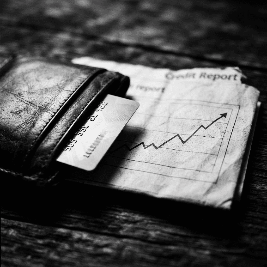 High-contrast black and white photograph of a wallet, a credit card and a folded credit report with an upward-trending line graph