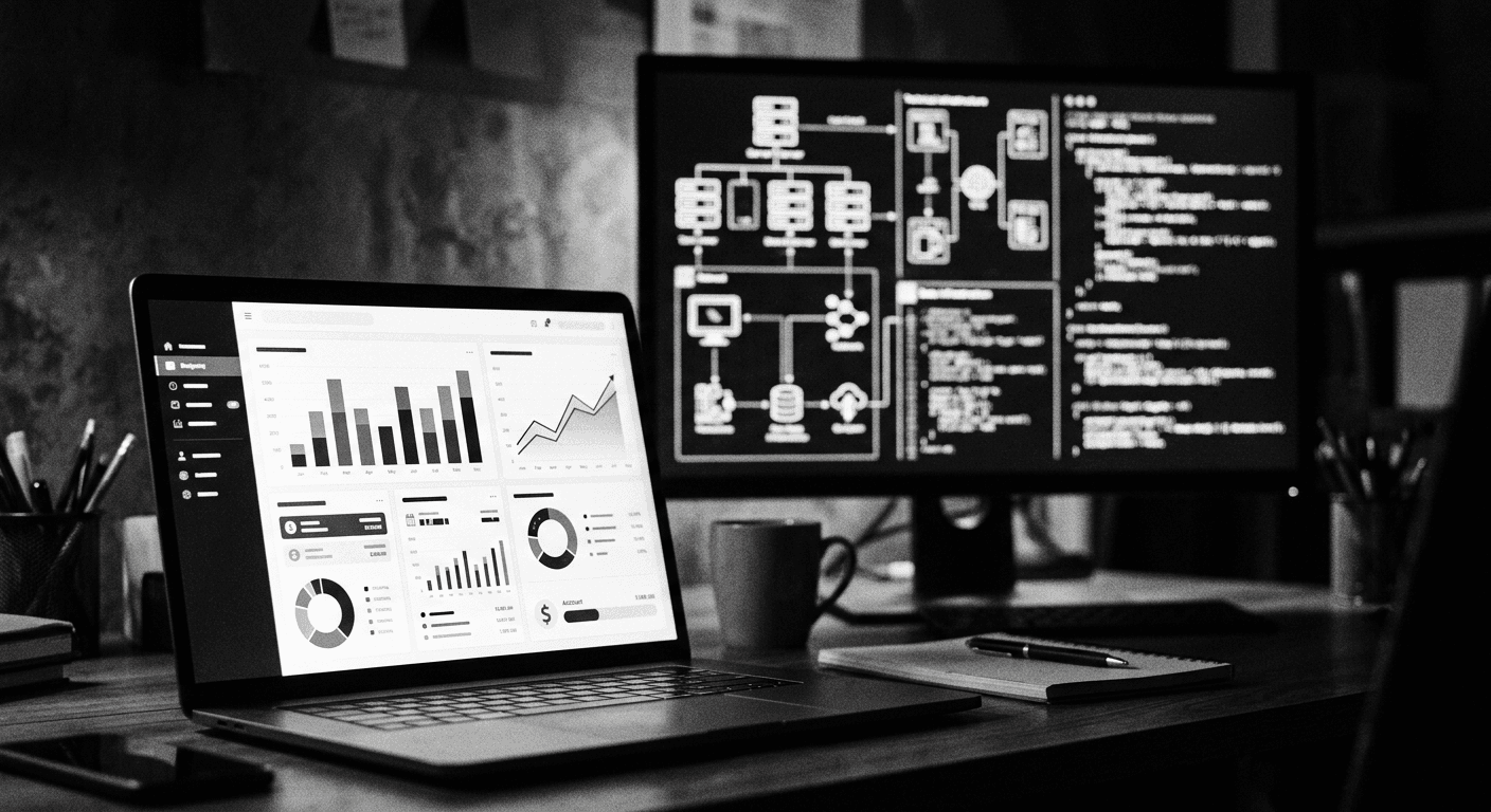 High-contrast black and white photograph of a laptop showing a personal finance budgeting dashboard, with a second monitor showing abstract banking infrastructure diagrams in soft focus behind it