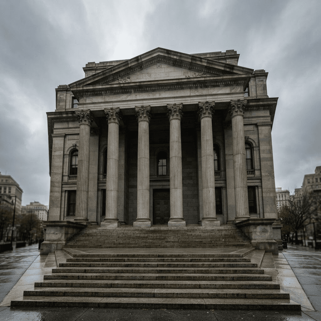 Neoclassical financial regulator building with tall stone columns under an overcast sky