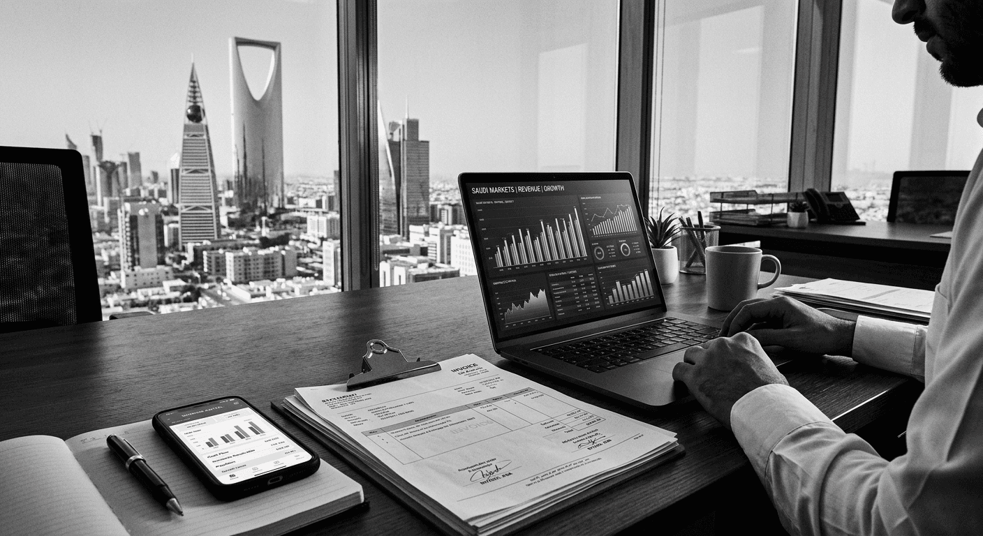 Modern office desk with a laptop showing financial charts and stacked invoices, high-contrast monochrome