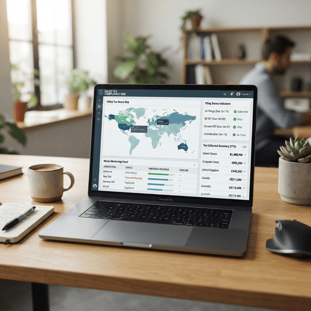 Editorial photograph of a laptop displaying a sales tax compliance dashboard with a world map of tax jurisdictions
