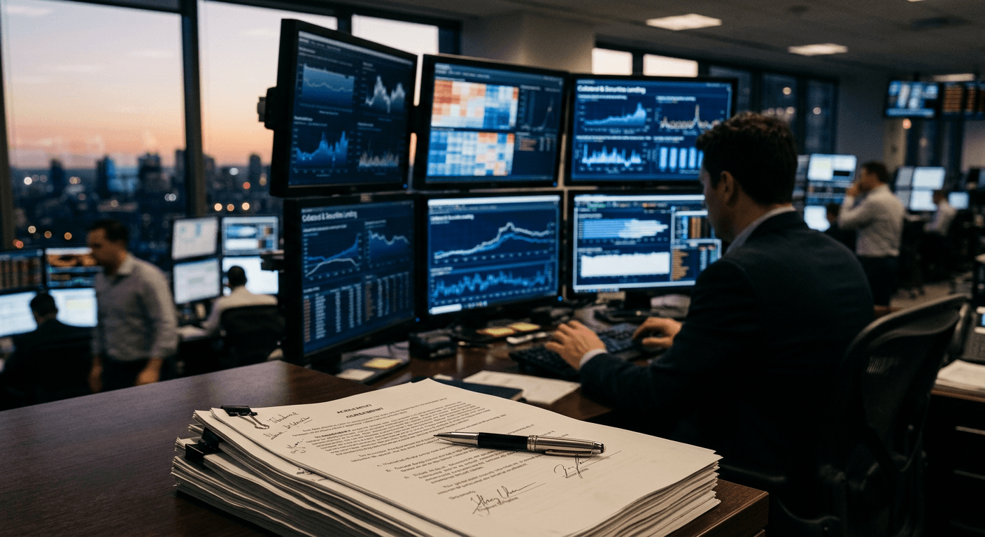 An institutional trading desk at dusk with monitors showing abstract data charts and a pen resting on signed documents, high-contrast monochrome
