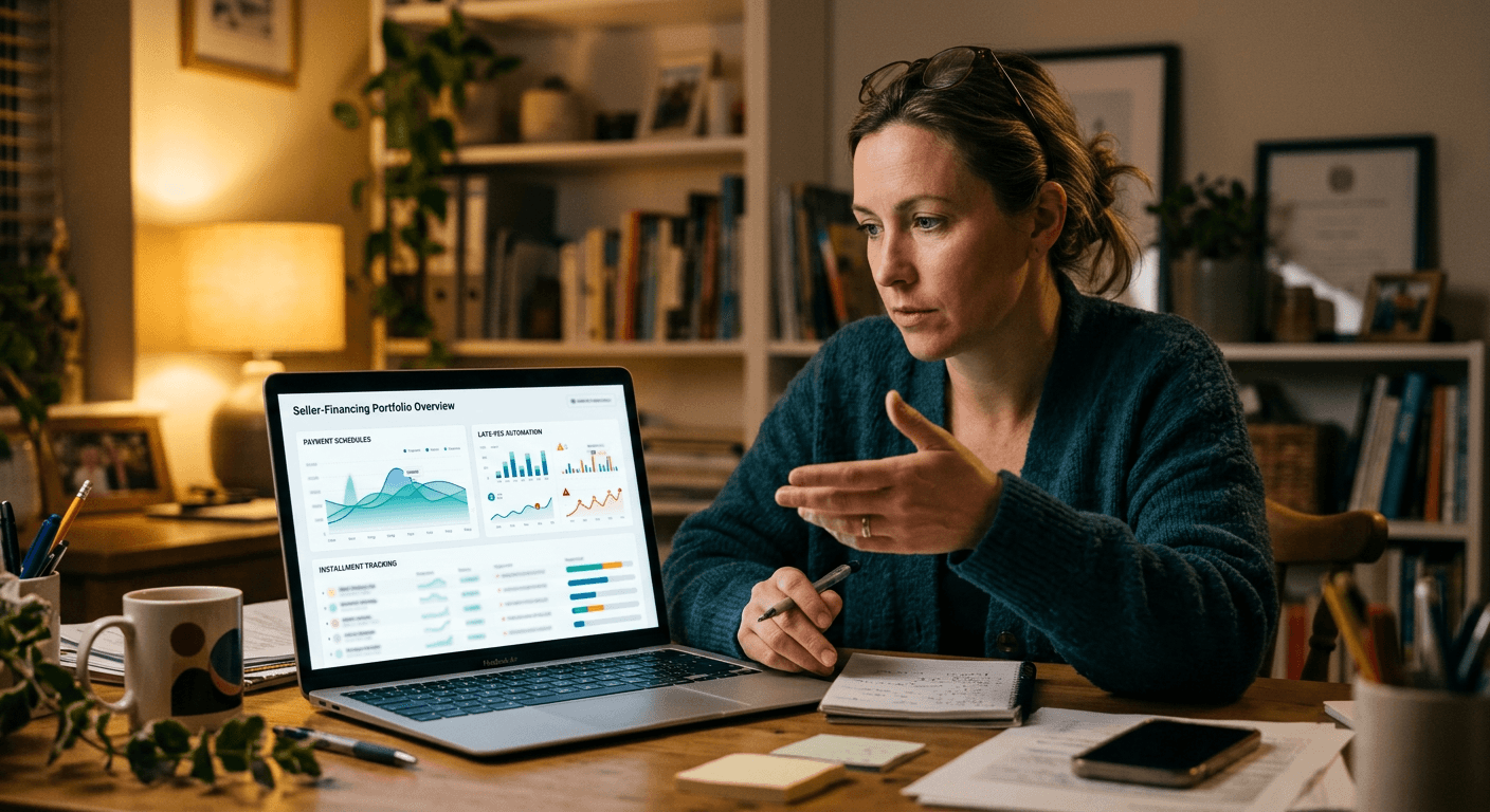 Small business owner reviewing a seller-financing portfolio dashboard on a laptop with abstract payment schedule and installment tracking data