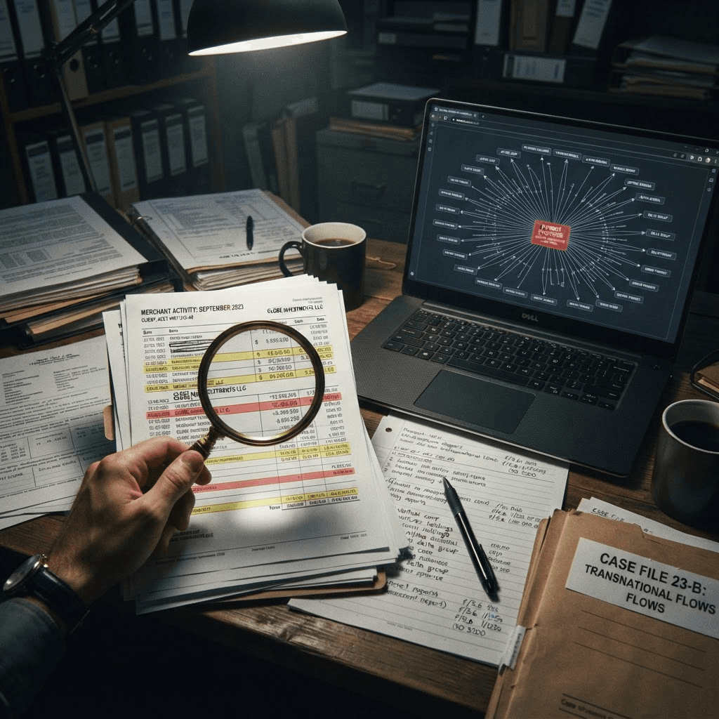 Editorial photograph of printed transaction ledgers and a network diagram connecting shell company accounts on a dim desk