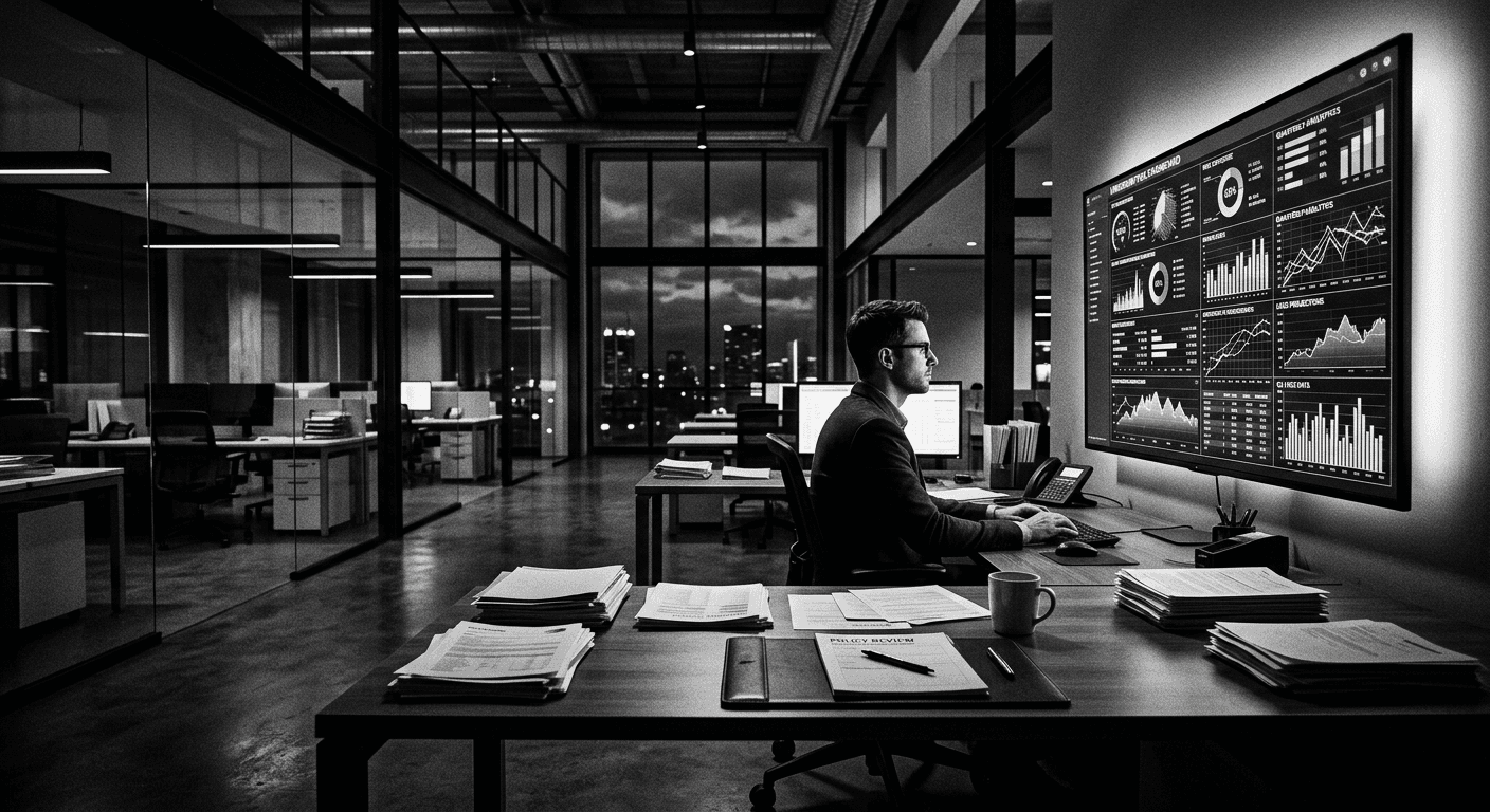 High-contrast black and white photograph of a modern insurance underwriting office with a large monitor displaying abstract risk-assessment charts and an empty desk with papers in the foreground