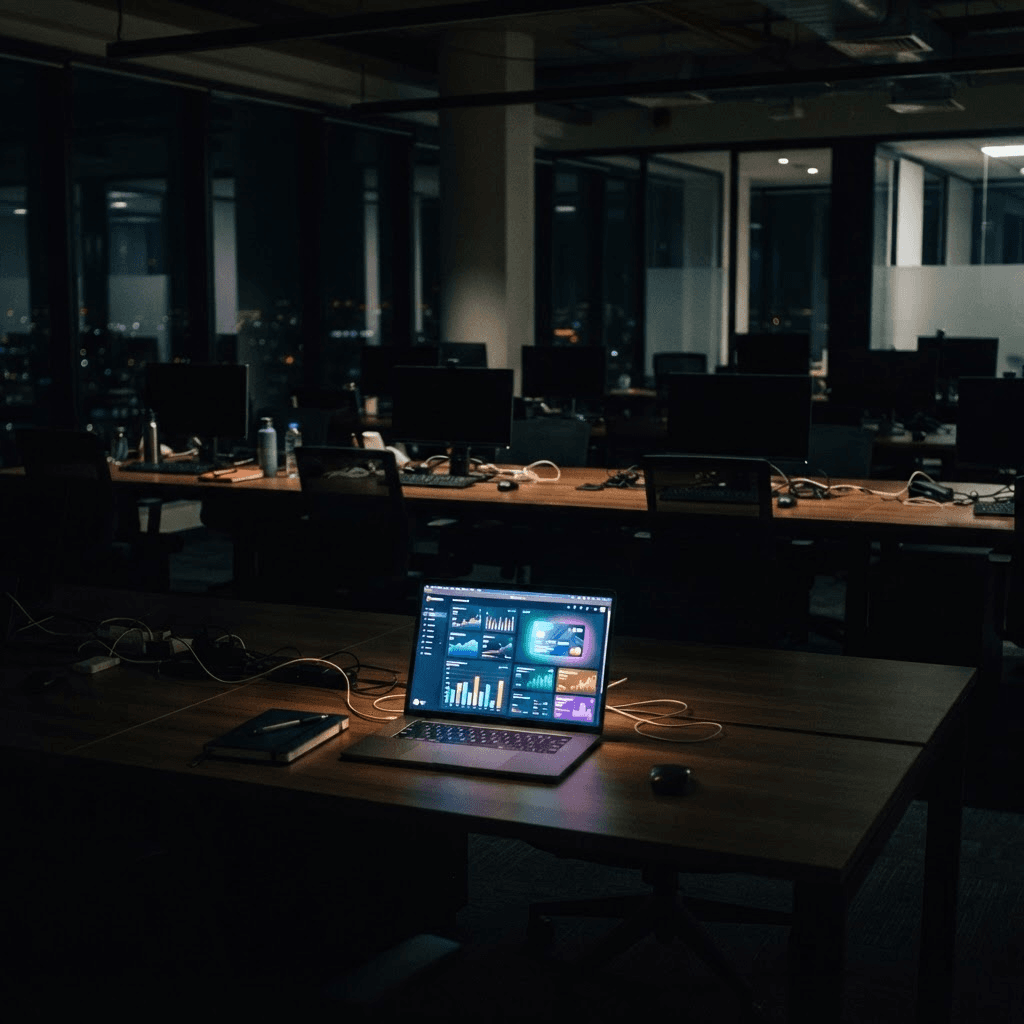 Moody photograph of an empty open-plan fintech office at night with a laptop screen glowing with an abstract spending dashboard