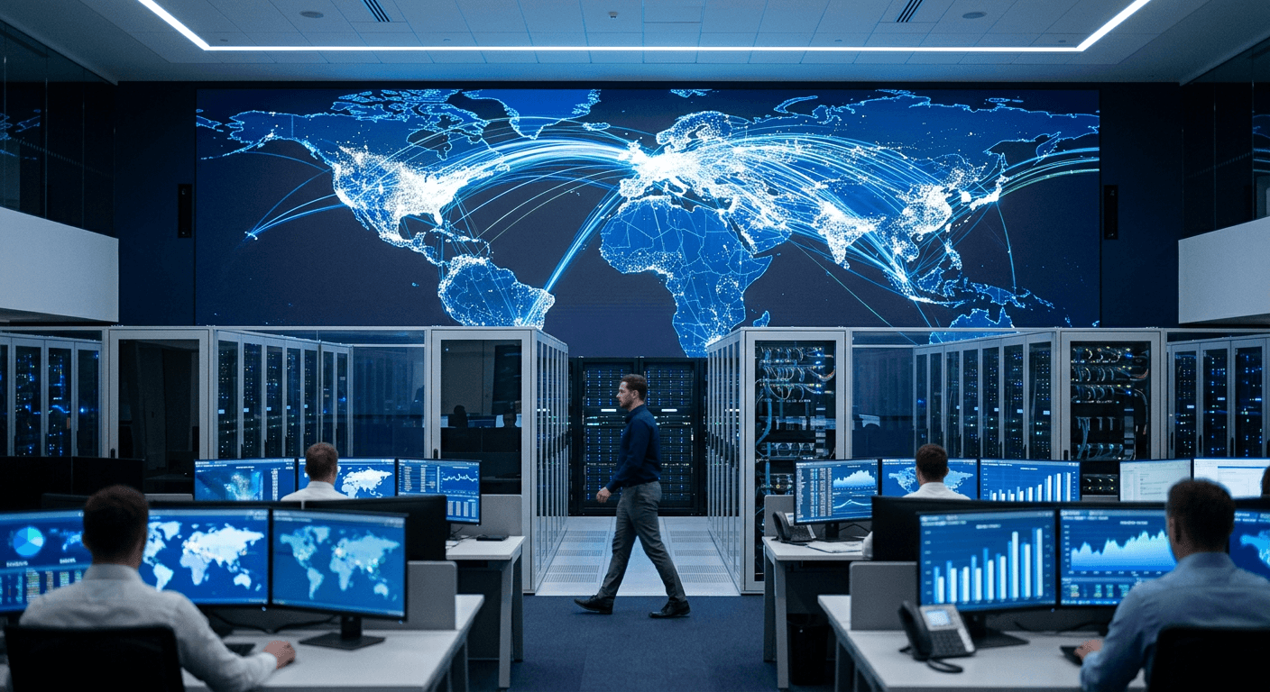 High-contrast black and white photograph of a world map overlaid with glowing transaction flow lines on a data center monitor