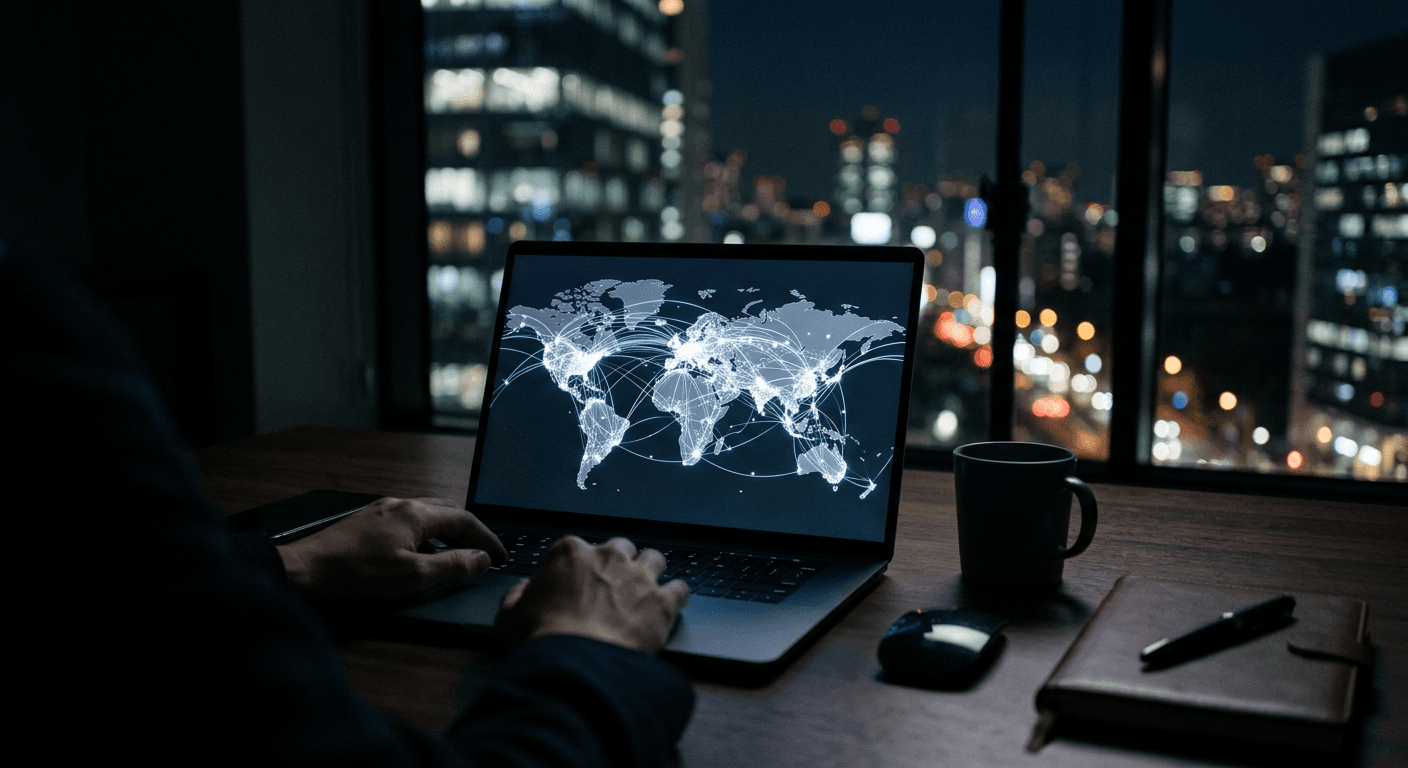 Moody photograph of a dark office desk at night with a laptop screen glowing with an abstract global payment network map of interconnected nodes