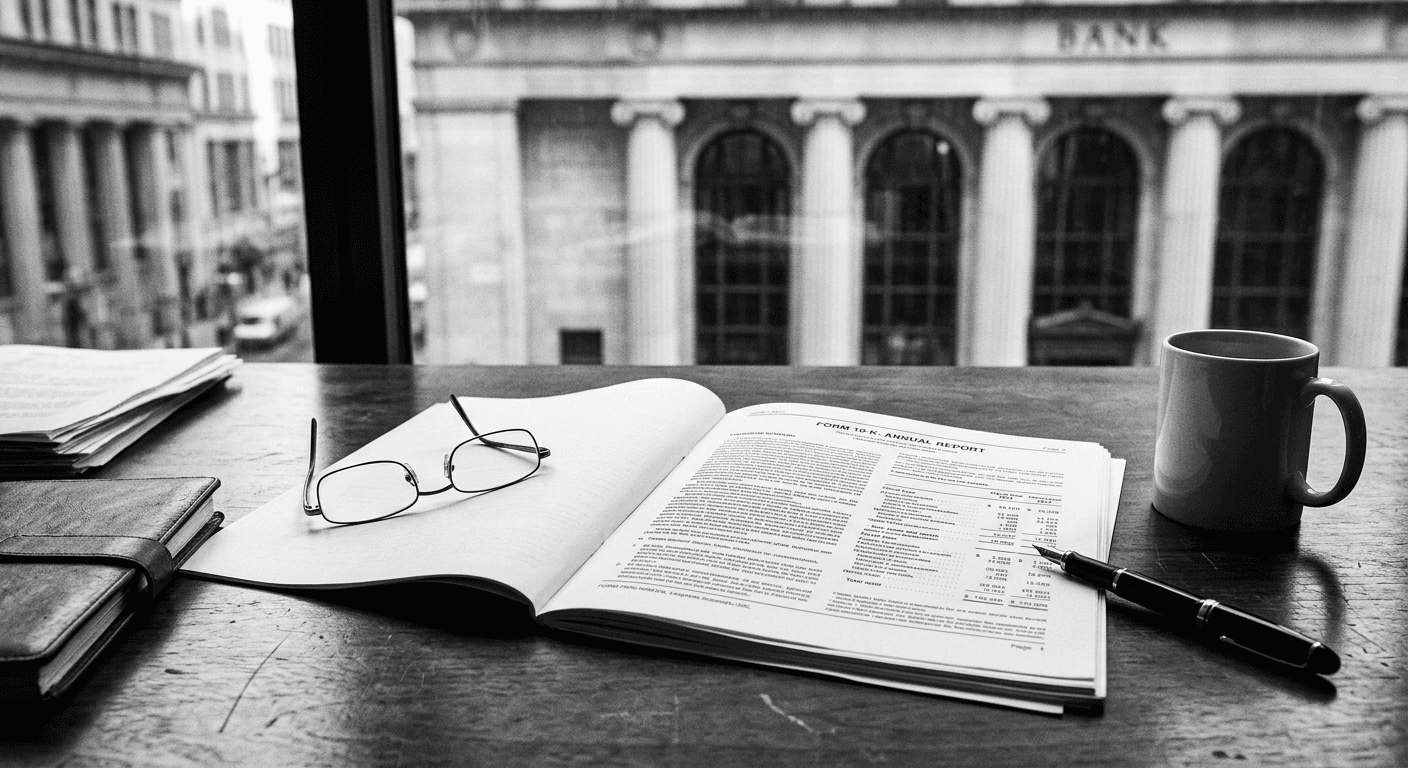 High-contrast black and white photograph of a formal regulatory filing document on a desk with a bank building visible through a window in the background