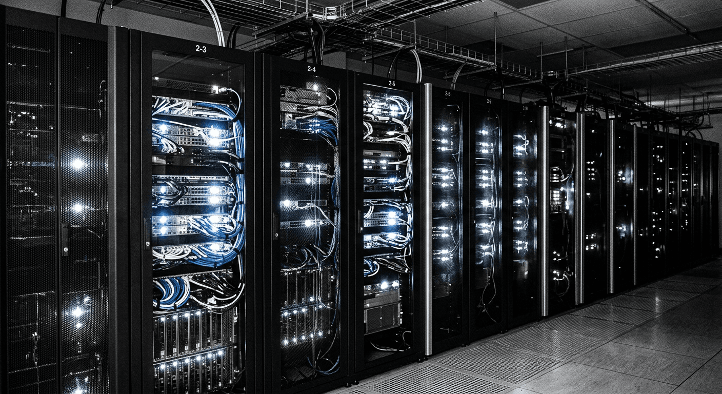 Data center server room with glowing racks, high-contrast monochrome