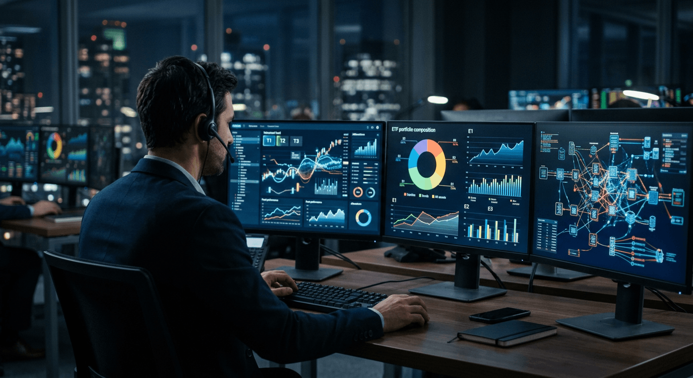 Digital capital markets trading desk with an abstract tokenized fund interface, ETF portfolio chart and blockchain network visualization